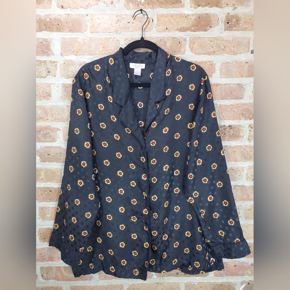 Black Polka Dot Sunflower Satin Pajama Top